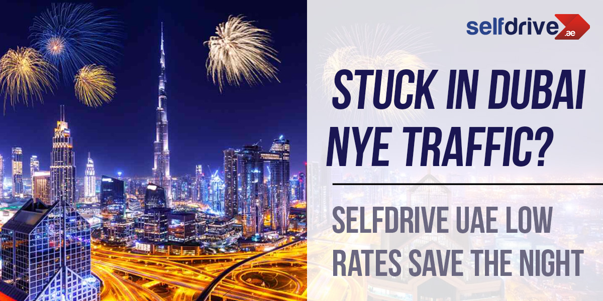 Dubai NYE 2025 promotional banner showing Burj Khalifa fireworks and heavy traffic at night with the headline 